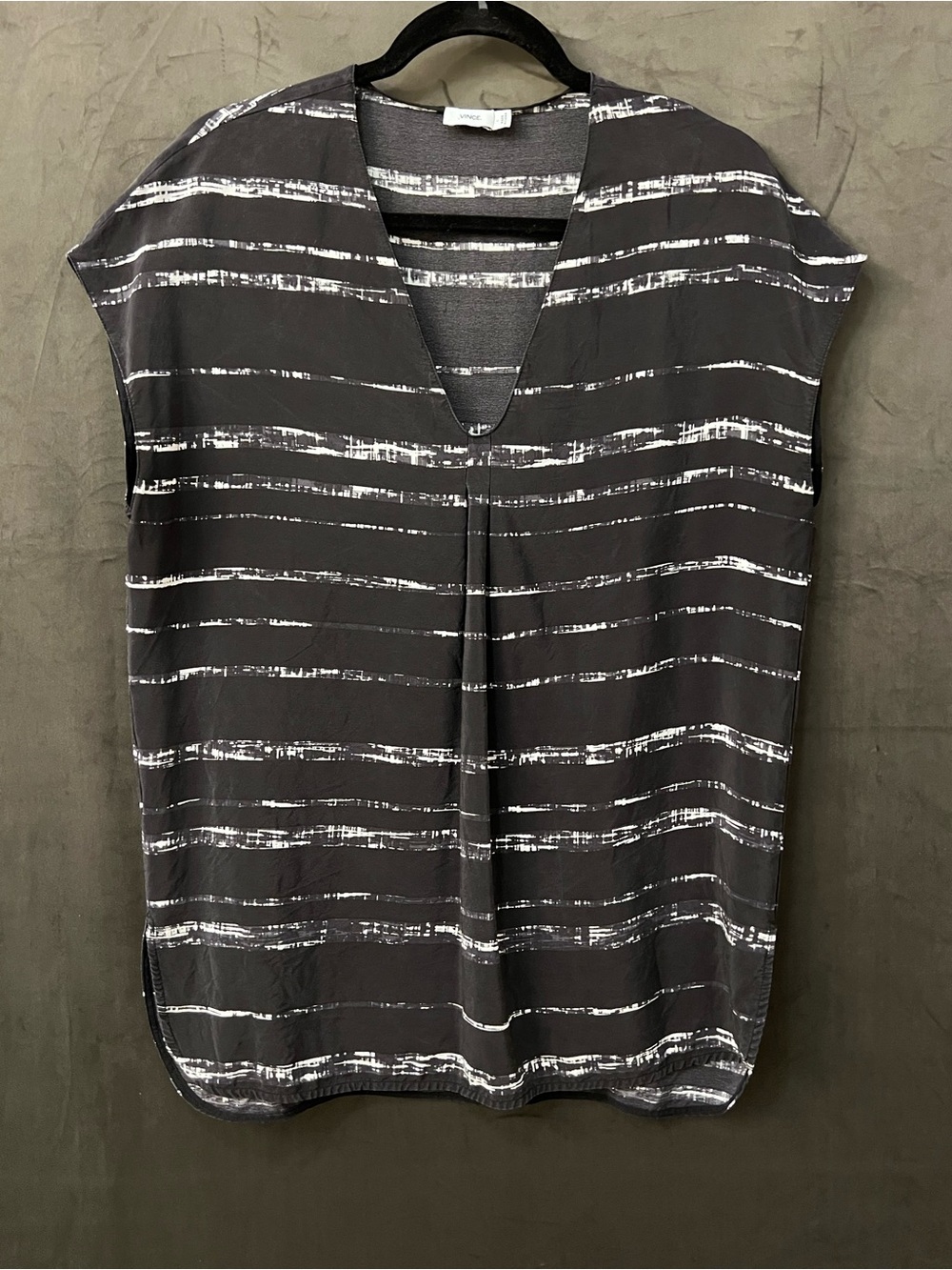 Vince Gray, 100% Silk White Shadow Stripes V-Neck Tunic